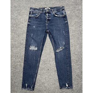 Zara Mens Slim Fit Distressed Blue Denim Jeans Size 34 Button Fly